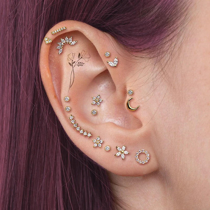 Helix Piercing Acciaio Inox Orecchini Triangolo Fiore Zirconia Argento Rosa