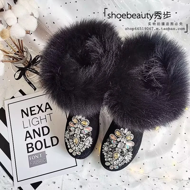 

Black winter plus fleece warm fox hair boots Rhinodrill hand custom fur one-piece boots women's large size 35-44