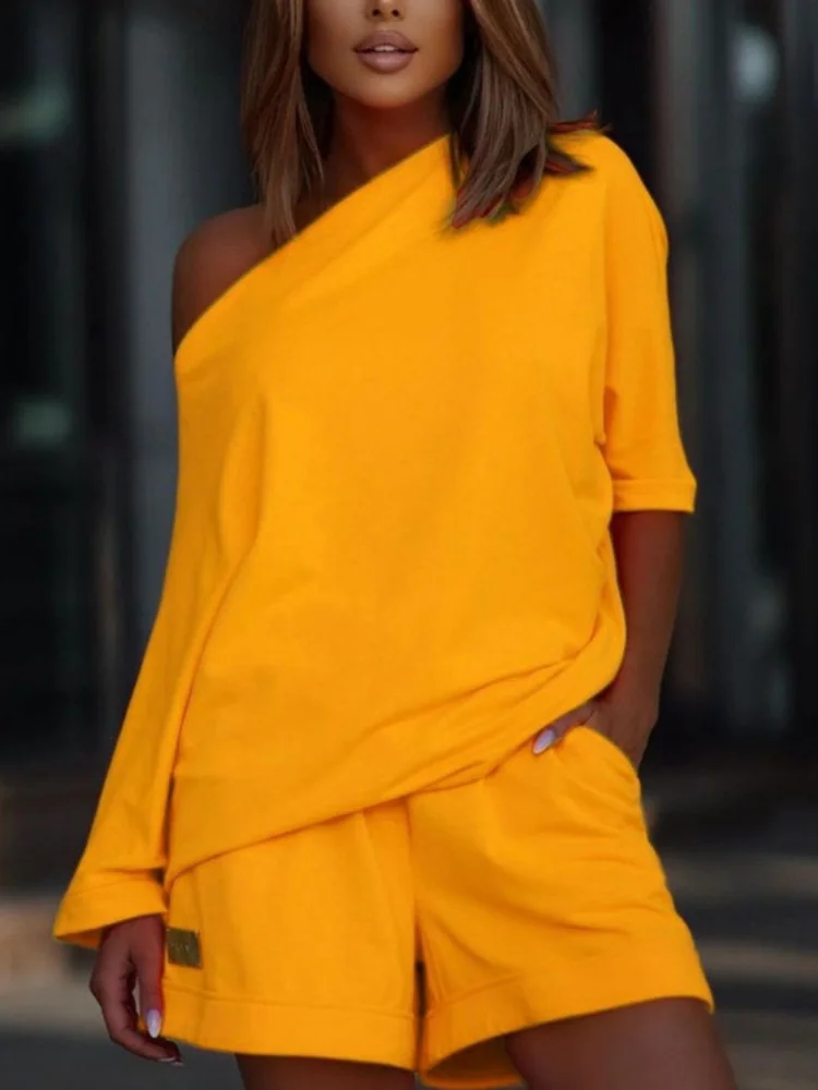 Wmstar Two Piece Set Women Wholesale Woman Trendy Fashionable Sweatshirt Pants One Shoulder Lapel Loose 2025 New Style Summer