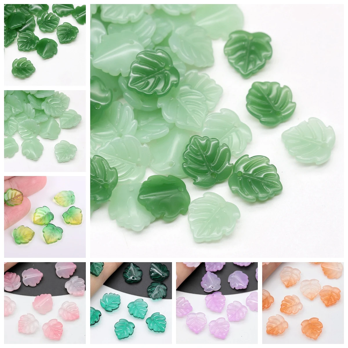 10pcs Green Leaf Shape 14x15mm Handmade Lampwork Glass Petal Pendants Loose Beads for Jewelry Making DIY Crafts Findings