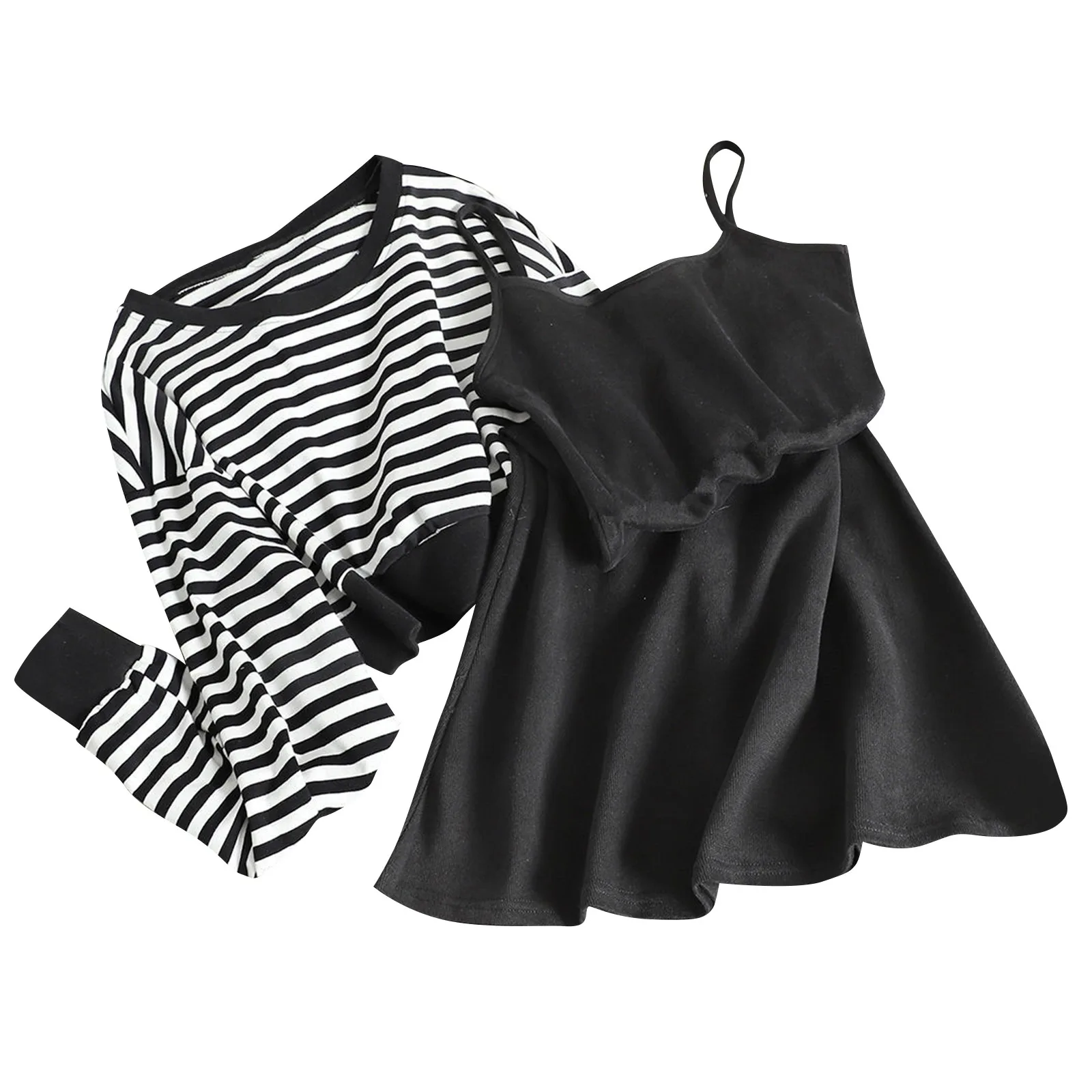 

Женский комплект с платьем, укороченные пуловеры в полоску с круглым вырезом и однотонное платье на бретельках, повседневный Модный комплект из двух предметов для повседневного ношения