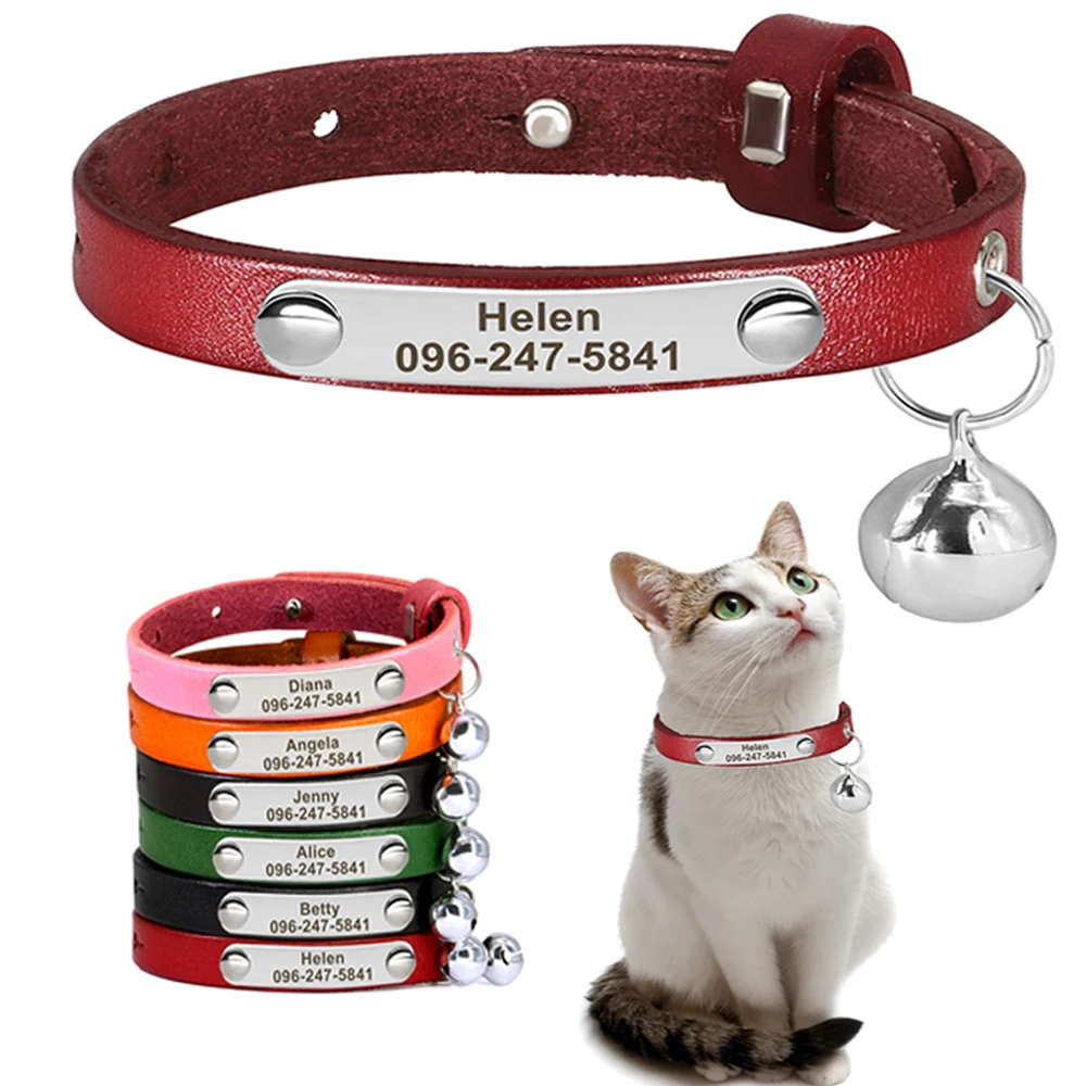 

Personalized Cat Collar Adjustable Leather Pet Cats Collars Necklace Custom Puppy Kitten Name Collars Anti-lost Cat Accessories