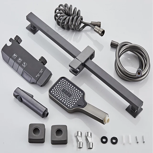 ชุดระบบอาบน้ำในห้องน้ำสีเทารูปปืนกุญแจเปียโนทองเหลือง LED แบบดิจิตอลก๊อกน้ำสำหรับอาบน้ำชุดก๊อกน้ำฝักบัวผสมน้ำร้อนและเย็นดีไซน์ใหม่ อาบน้ำอัพเกรดได้ในครัวเรือน3ฟังก์ชั่นฝักบัวครบชุด 6