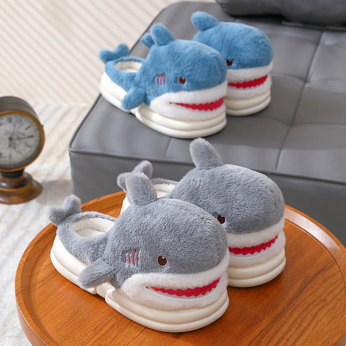 Mo Dou Cute Cartoon Shark Slippers for Women Winter Autumn Home Slippers for Men Non Slip Warm Plush Slippers for Unisex 2