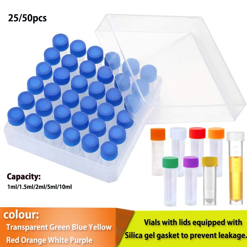 25/50Pcs 1-10ml Plastic Test Tubes Vials Sample Container Powder Craft Screw Cap Bottles for Office School Chemistry Supplies