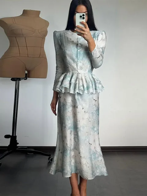 Elegant Print Skirts Set Women With Belt O-neck Puff Sleeve Single Breast Top Slim Hip Package Midi Skirt 2025 Office Lady Suit 3