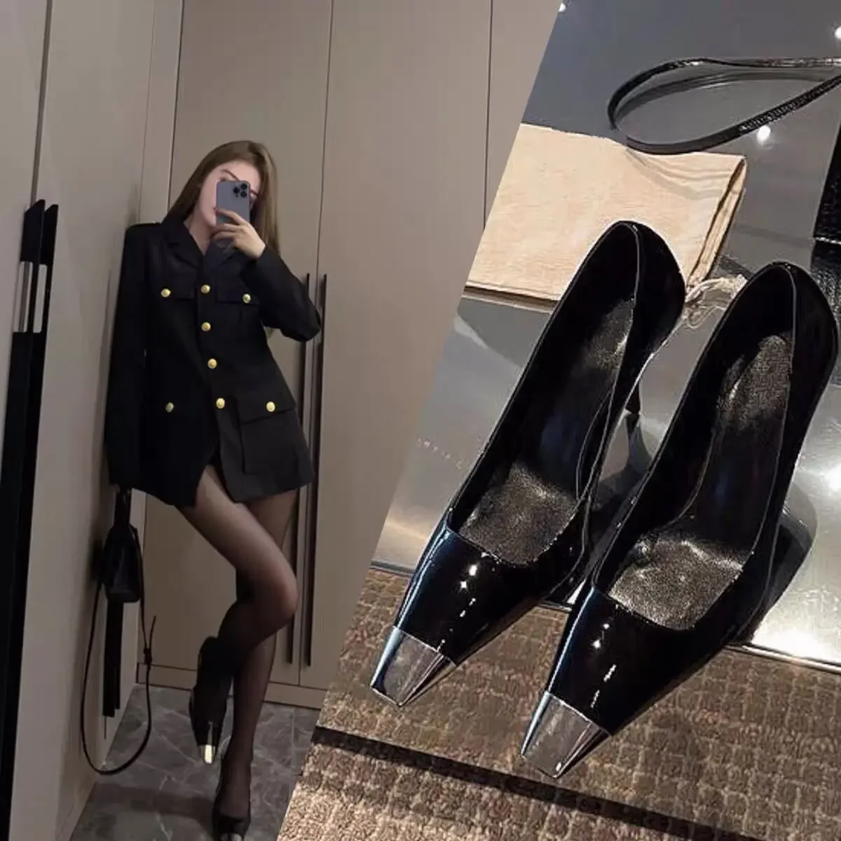 

Sexy patent leather high heels, metal toe thin heels, fashionable single shoes