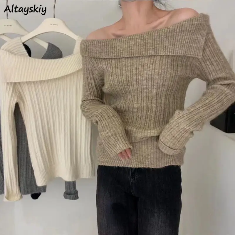 

Irregular Neck Knitted Pullovers Women Slim Simple Solid All-match Elegant Office Ladies Harajuku New Autumn Chic Korean Fashion