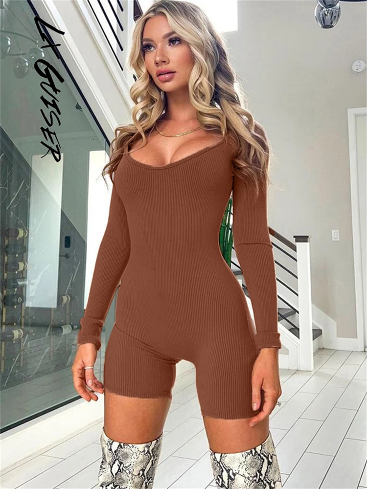 

Lx Guiser Bodycon Knitted Sexy Y2k Square Collar Women Bodysuits Overalls Summer Long Sleeve Party Elegant Women Playsuits
