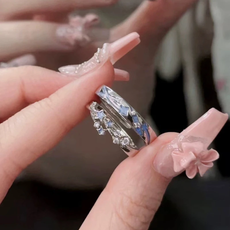 패셔너블 블루 야광 스타 커플 링, 어둠 속에서 빛나는 형광 지르콘 반지, 남성 조절 가능한 손가락 반지, 보석 선물, 2 개