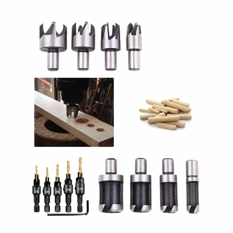 1Set Wooden plug drill claw barrel type wooden plug bit combination tool hexagonal handle woodworking counterbore bit set