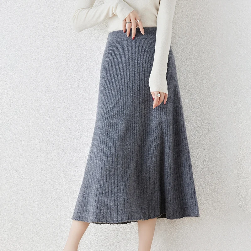 Autumn New 100% Pure Wool Skirt Female Solid Color Loose Joker A-Line Skirt Knitted Cashmere Bag Hip Skirt Female