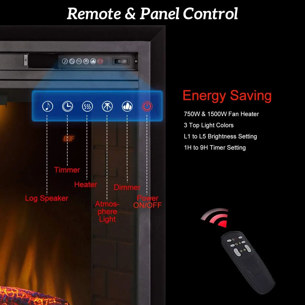 43 Inches Electric Fireplace Heater Insert with Overheating Protection, Fire Crackling Sound, Remote Control, Thermostat, 750/15