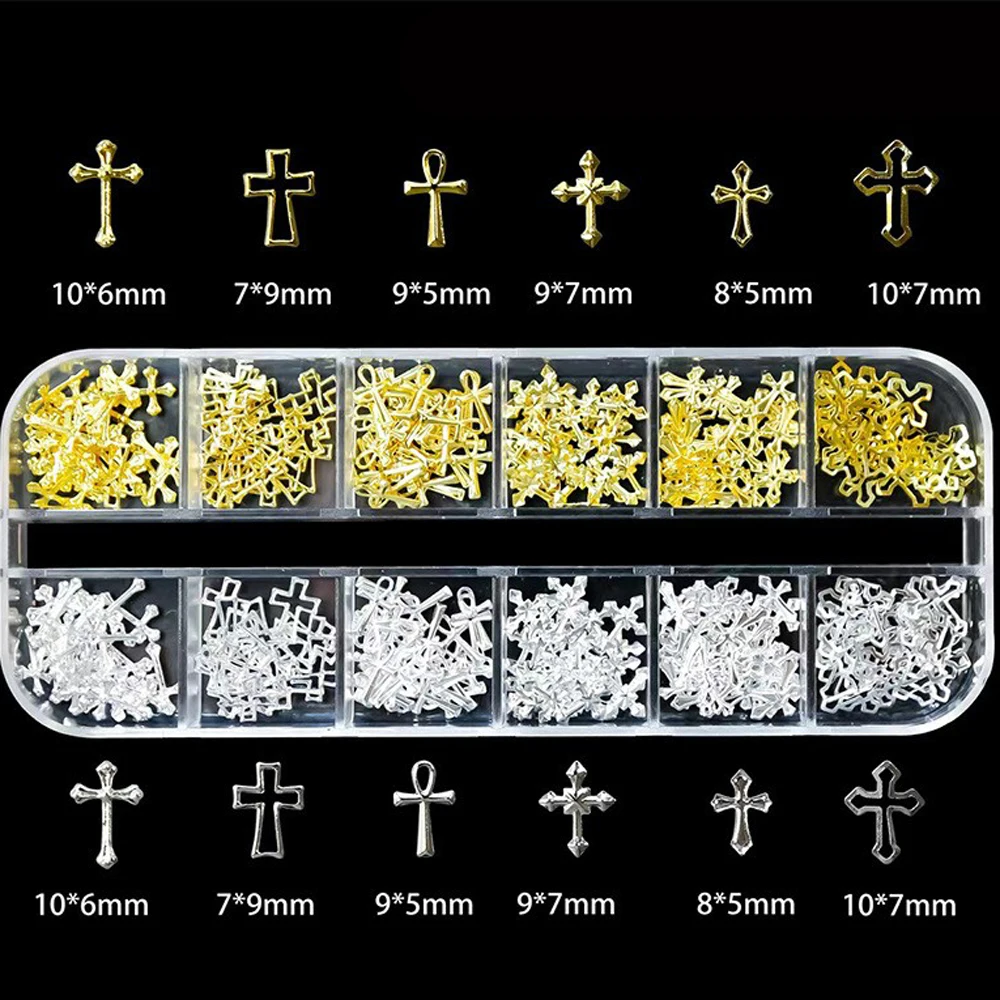 60pcs 12Grid Chic Vintage Cross Nail Art Charms with Diamond y2k Metal Style Alloy Cross Nail Gold Silver Cross Nail Decorations