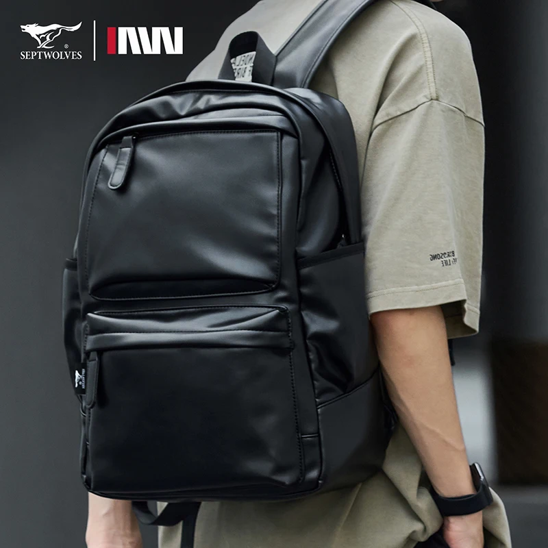 Septwolves High-quality Leather laptop Computer Backpack 15-Inch Large Capacity Waterproof Backpack For Men Business Travel Use 4