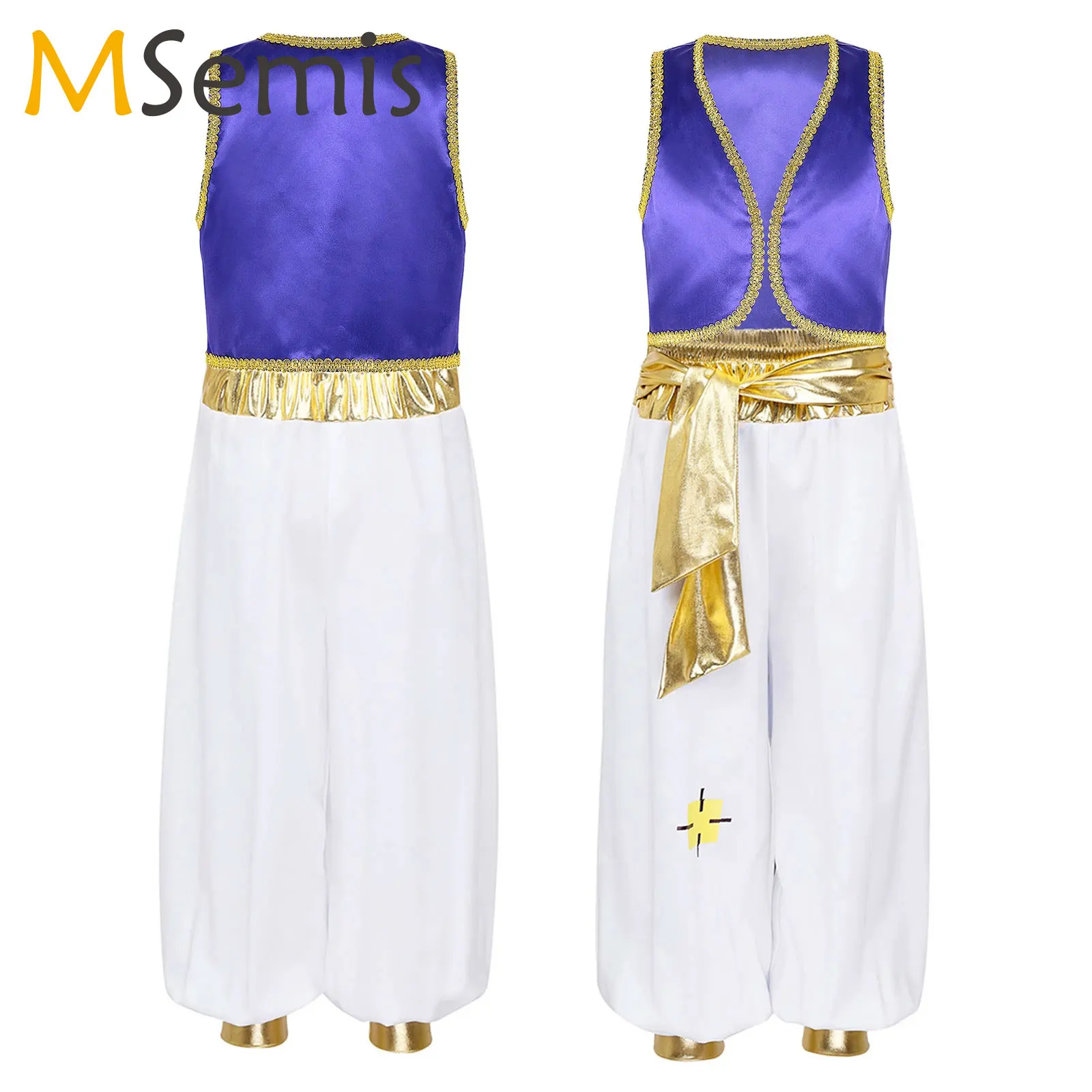 

Mens Halloween Arabian Prince Cosplay Costumes Theme Party Stage Performance Aladin Role Play Outfit Waistcoat with Belted Pants