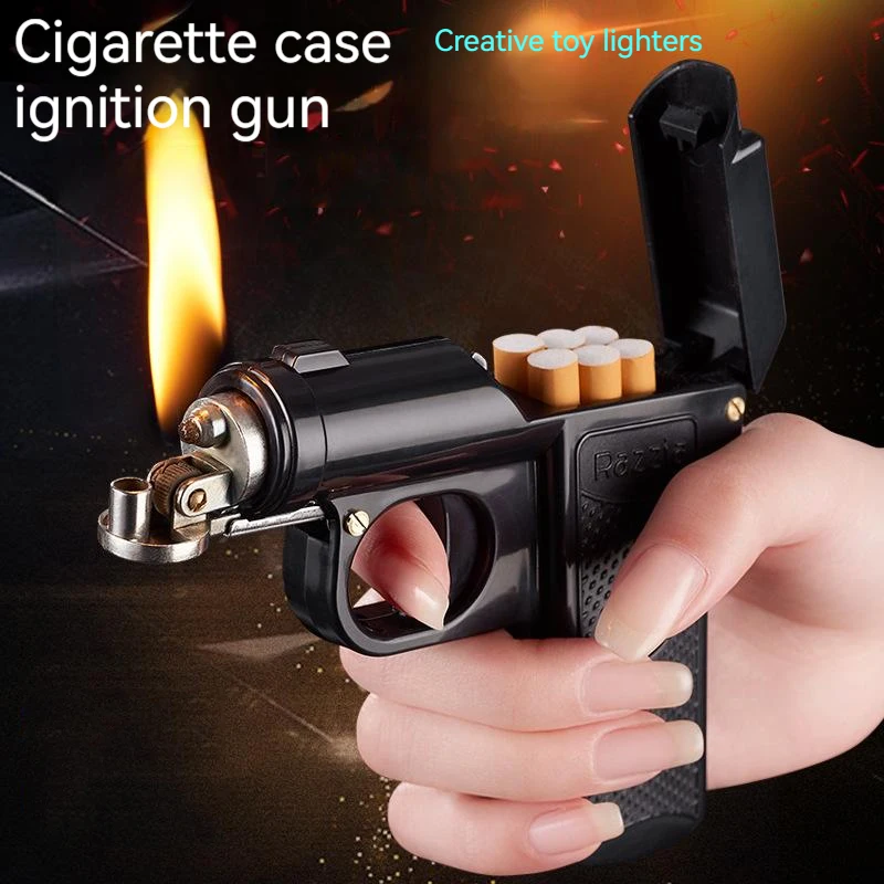 New Unusual kerosene Lighter Pistol Sand Wheel Ignition Gasoline lighter Cigarette Box 6PCS Windproof Cigar Cigarette Lighter