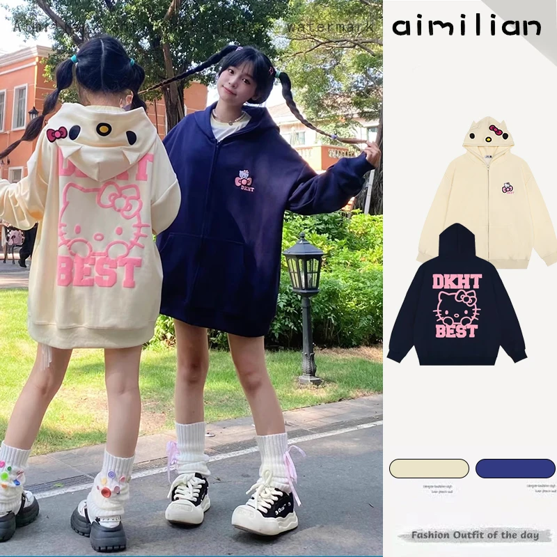

New Sanrios Kawaii Cartoon Hello Kittys Cardigan Zipper Plush Hooded Sweater Autumn Winter Thickened Keep Warm Coat Women Gift