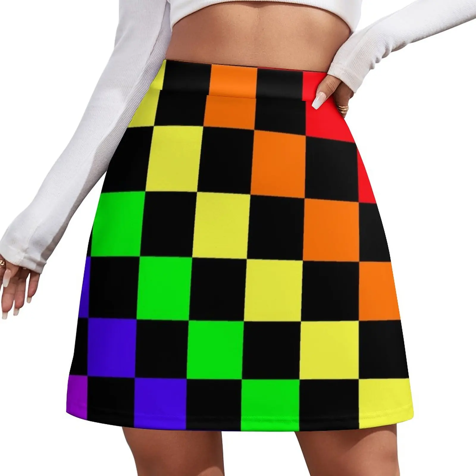 Black Rainbow Checkerboard Pattern Mini Skirt Short skirts summer skirts fashionable plaid belt women s black white canvas plaid checkerboard belt 135cm street clothing all match decorative belt