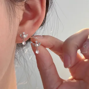 Creative Sweet 925 Sterling Silver Angel Wings Zircon Tassels Hollowed Pearl Heart-shaped Stud Earrings for Woman Jewelry Gifts
