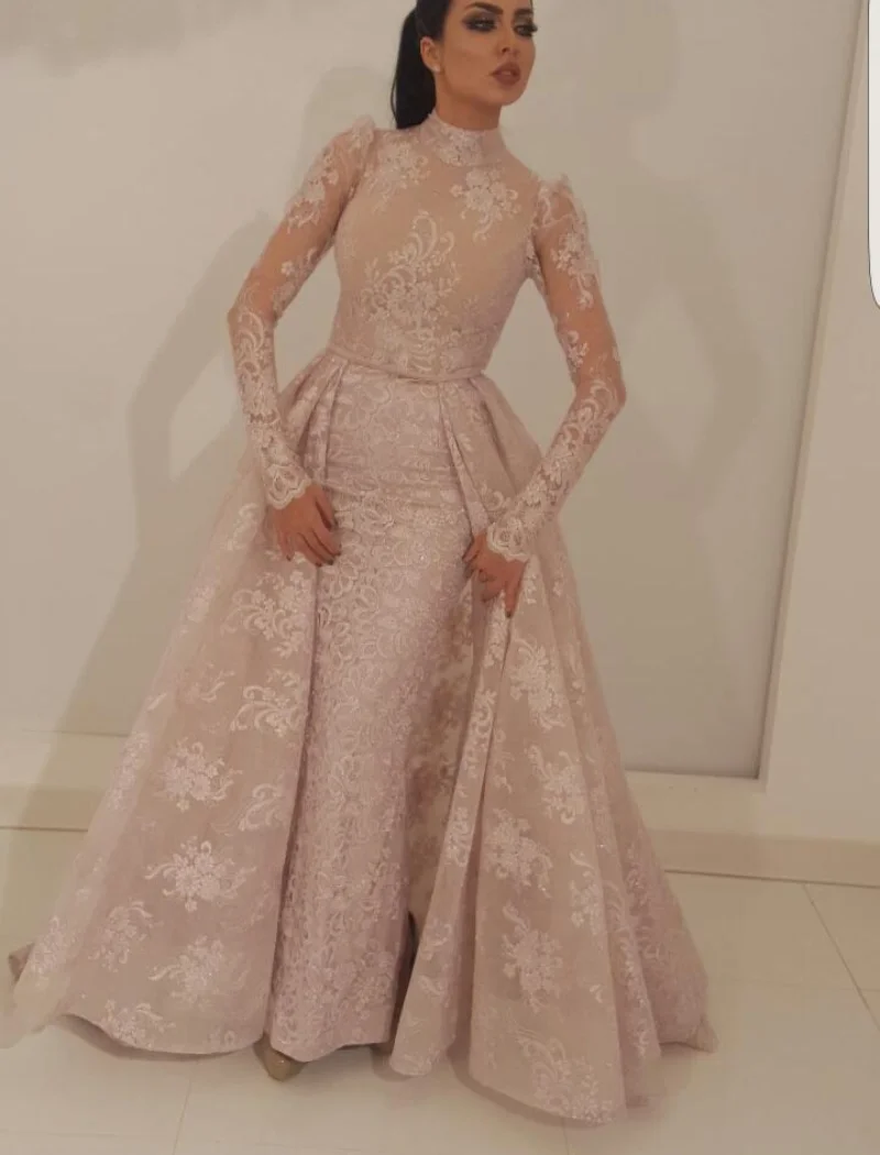 Muslim Evening Dress 2023 New Mermaid High Collar Illusion Long Sleeves Lace Dubai Saudi Arabic Long Evening Gown Robe De Soiree see through evening dresses mermaid long sleeves tulle appliques long dubai saudi arabic evening gown prom dresses