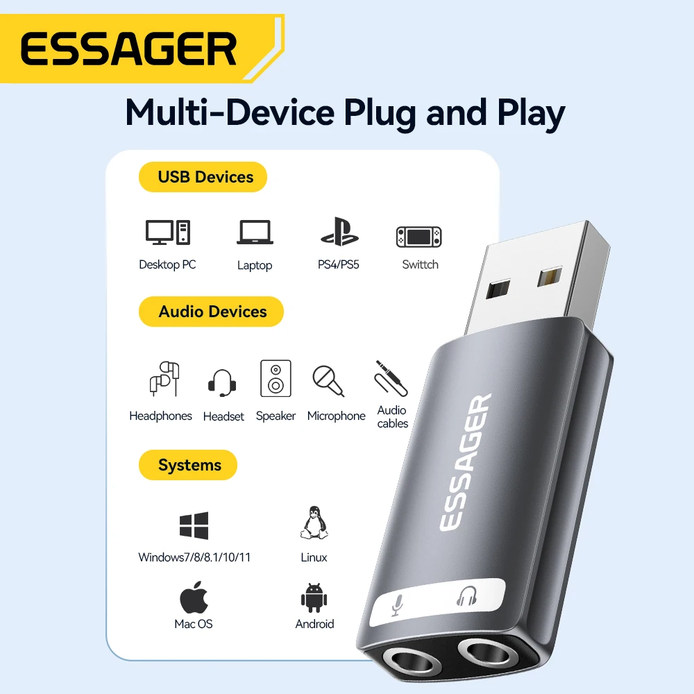 Essager External USB Sound Card To 3.5mm Mic Headphone Jack Stereo Headset Audio Microphone Adapter Speaker Interface For Laptop Best Sellers In Consumer Electronics