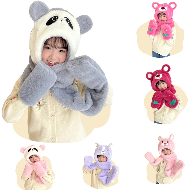 

Cartoon Hat for Girls Boys Scarf Thicken Cap Newborn Photography Baby Stuff Winter Children hat Plus Fleece Kids Caps 1-10Years