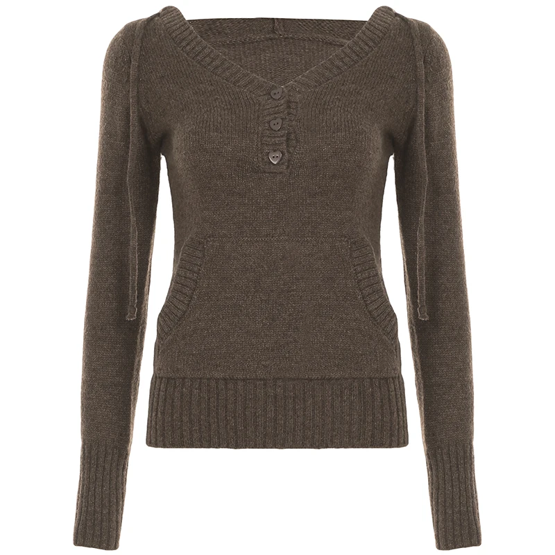 Y2K Brown V-neck Hooded Sweater Vintage Basic Slim Button Up Knitted Pullovers Autumn Casual Streetwear Outfits Lady