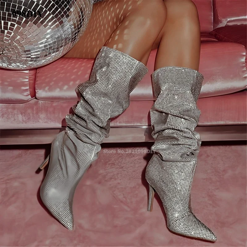 

Rhinestone Pointed Toe Thin Heeled Knee High Boots Women Stiletto Crystal Point Toe Heel Long Boot Bling Bling Party Shoes