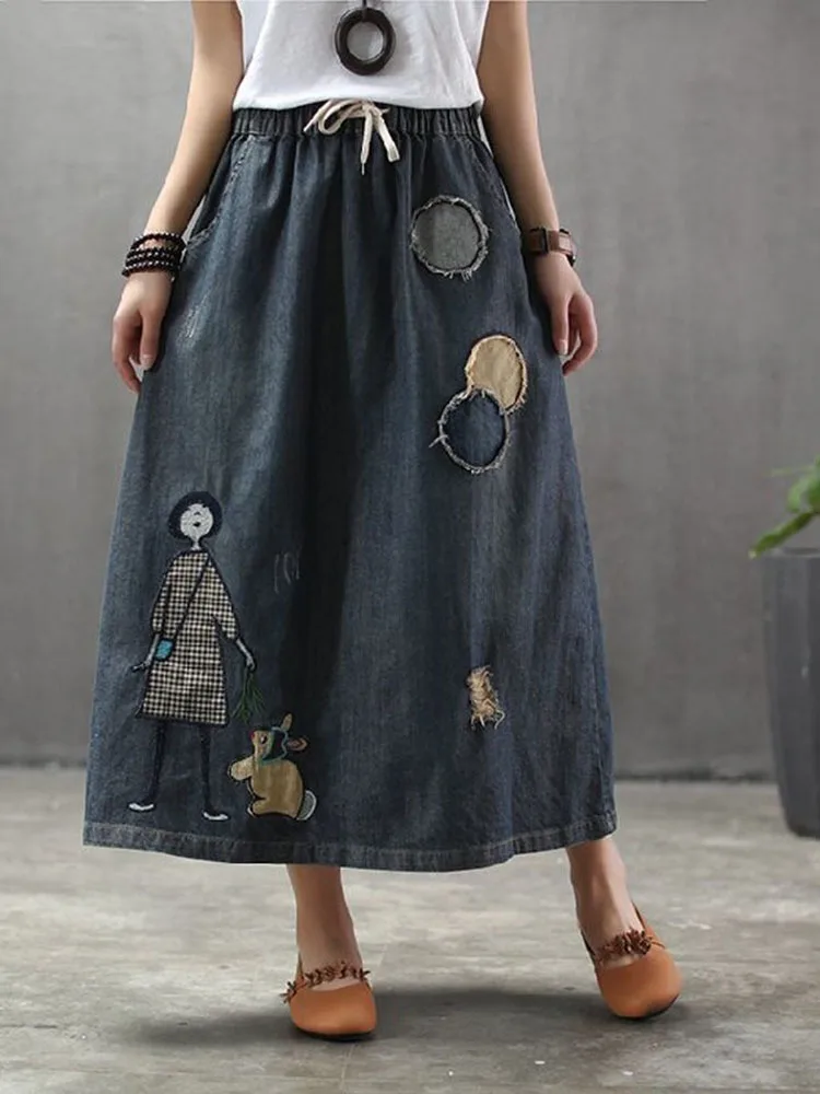 AmaxluluE 2025 Fashion Streetwear Women Summer Classic Embroidery Loose Denim Holes Skirts Ladies Casual Vintage Cartoon Clothes