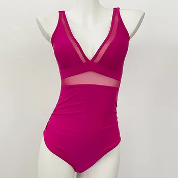 Women Swimwear High Waist One Piece Swimsuit Deep V Neck Mesh Sheer Tummy Control Bathing Suit