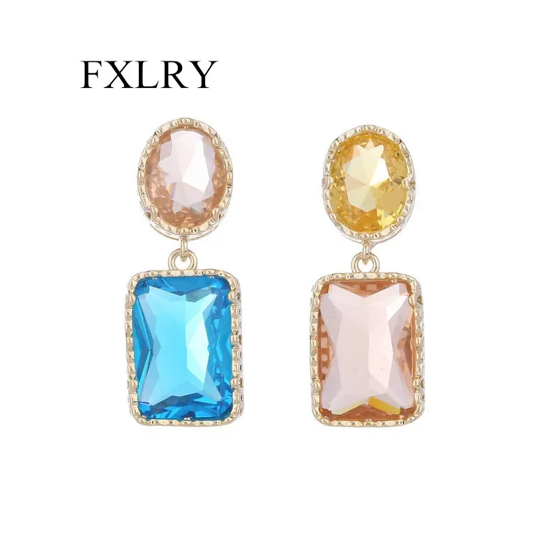 

FXLRY Luxury s925 Silver Needle AB Asymmetrical Color Inlaid Zircon Earrings For Women Wedding Bridal Party Jewelry