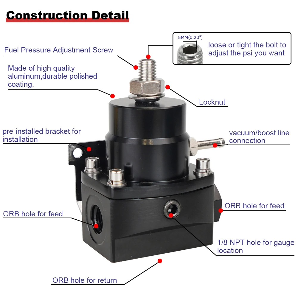 Adjustable Fuel Pressure Regulator with White Oil Gauge AN8/10 Feed Fitting AN6 Return Line Fitting AN8/10 End Cap
