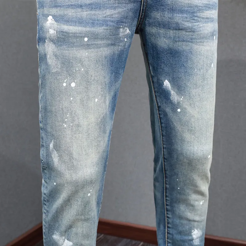 High Street Fashion Men Jeans Retro Blue Stretch Skinny Fit Ripped Jeans Men Painted Designer Elastic Hip Hop Brand Pants Hombre