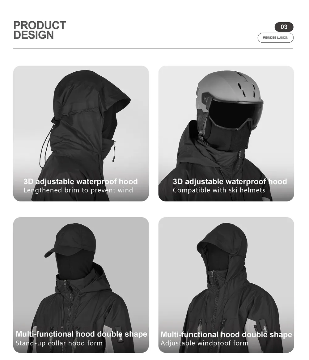 Reindee Lusion 23aw All-weather hooded hard-shell 3L outdoor ski jacket carrying sling multiple pockets adjustable hood techwear