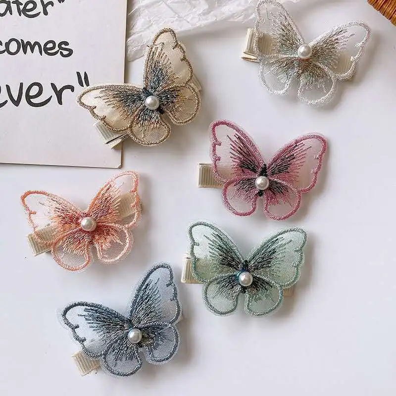 Korean Cute Baby Girls Hairpin Candy Embroidery Fabric Pearl Butterfly Hairpin Female Small Bangs Edge Clip for Kids Accessories