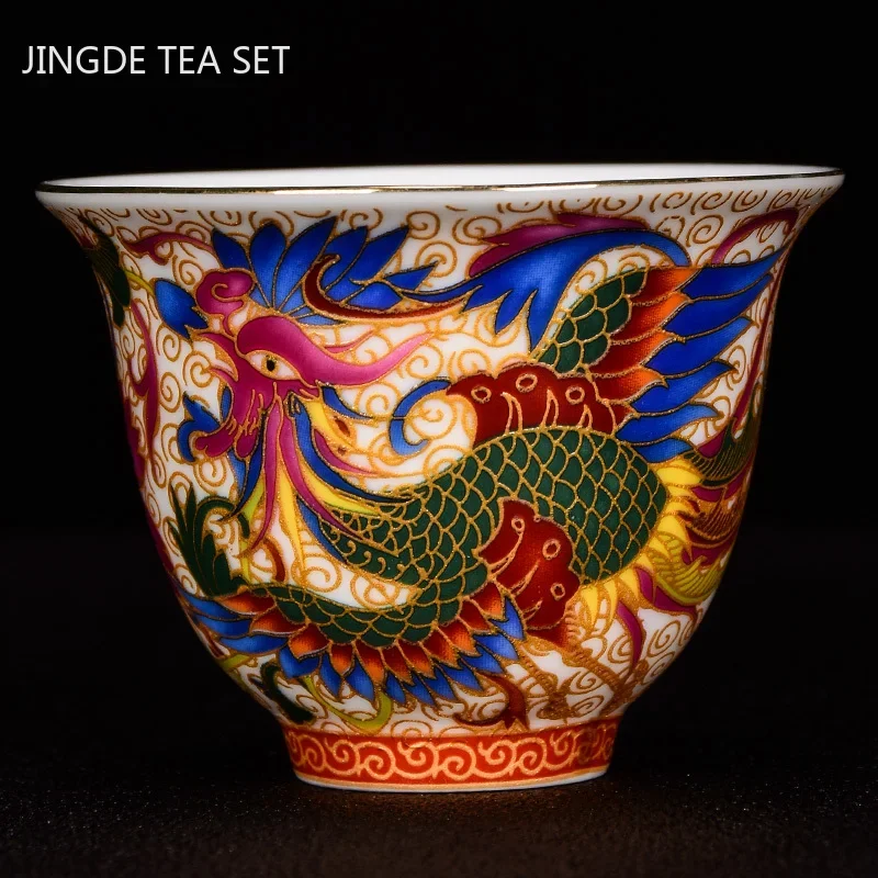 Tea Cup Chinese Handmade Porcelain Tea Cup Dragon and Phoenix Pattern Teacup Ceramic Master Cup Personal Tea Bowl Teaware