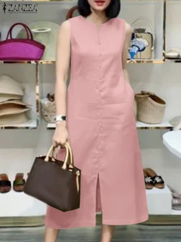 2025 Women Summer Sundress ZANZEA Elegant Work OL Midi Dresses V Neck Sleeveless Solid Dress Fashion Buttons Down Robe Plus Size