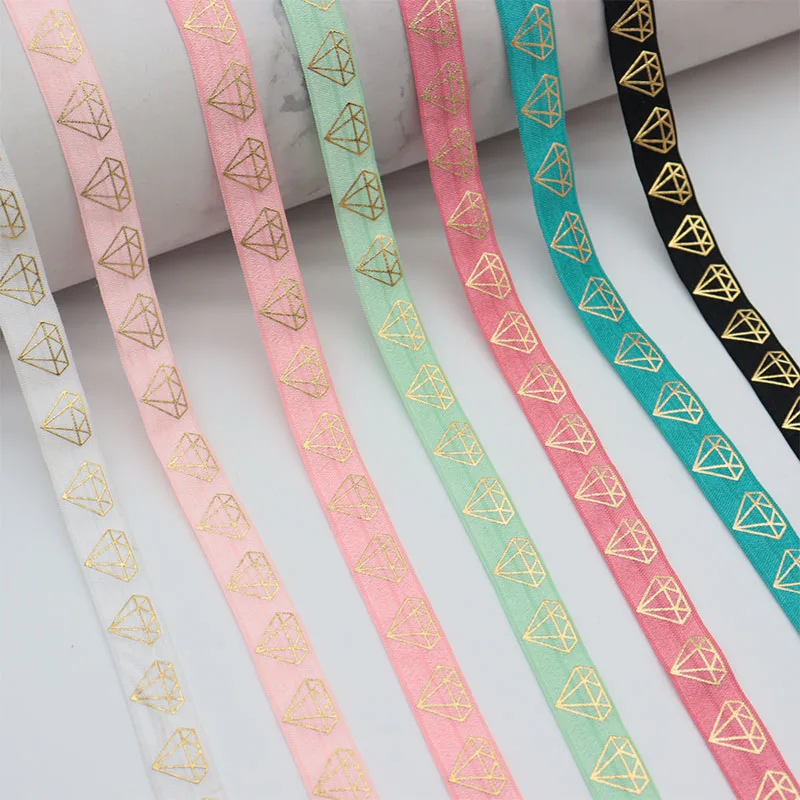 

15MM Gold Foil Diamond Print Fold Over Elastic FOE Ribbon 50yards For Hair Tie Dress Sewing Trim
