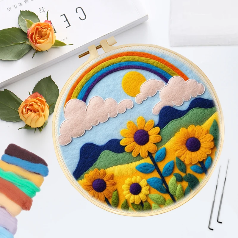 CHENISTORY Wool Felting Painting 20x20cm Sunflower Embroidery Needle Wool Painting Kits Beginners Felt Craft Ideas For Adults