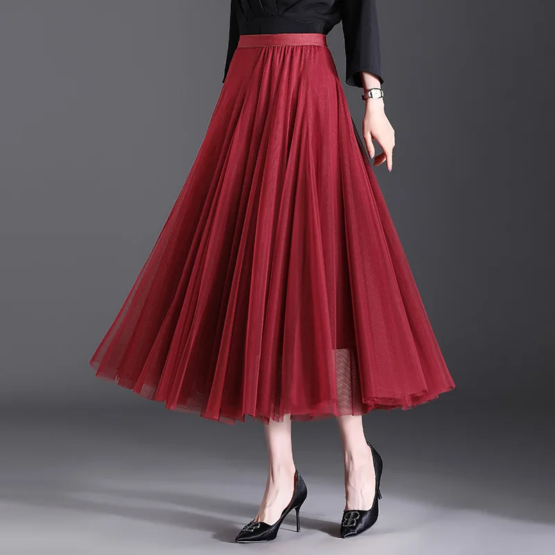 

2023 New Sweet and Fashion Mesh Skirt Elastic High Waist Three Layer Drop Feel Large Elegant Swing Half Length H927