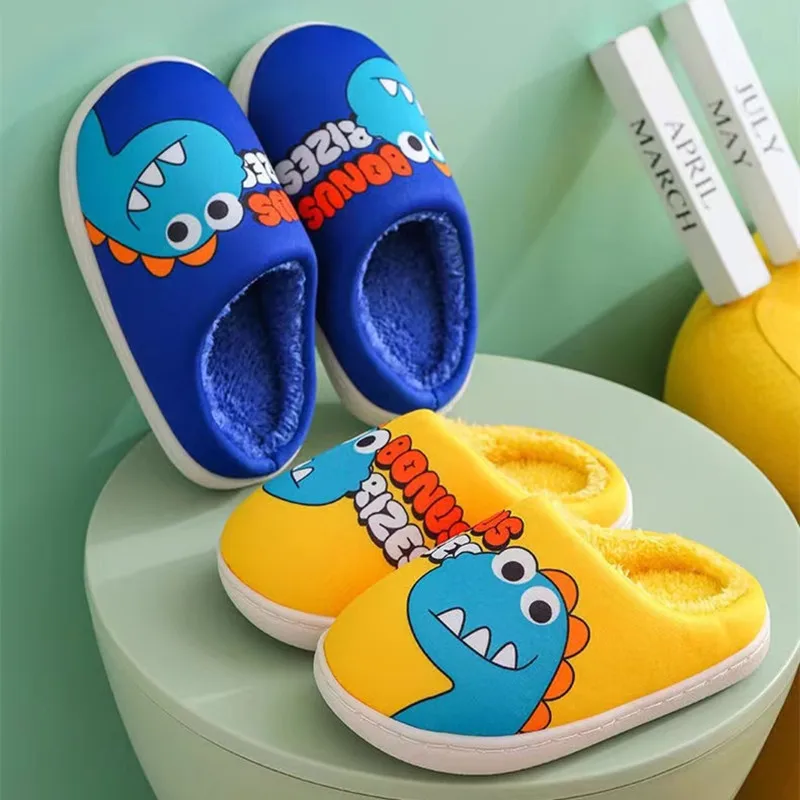 Cartoon Dinosaur Winter Slippers Kids Warm Velvet Spring Home Shoes Children Boy Girl Cute Animal Indoor Slippers For Bedroom cute mini dinosaur leafless fan usb handheld fashion with lanyard rechargeable silent fan kids home office gift