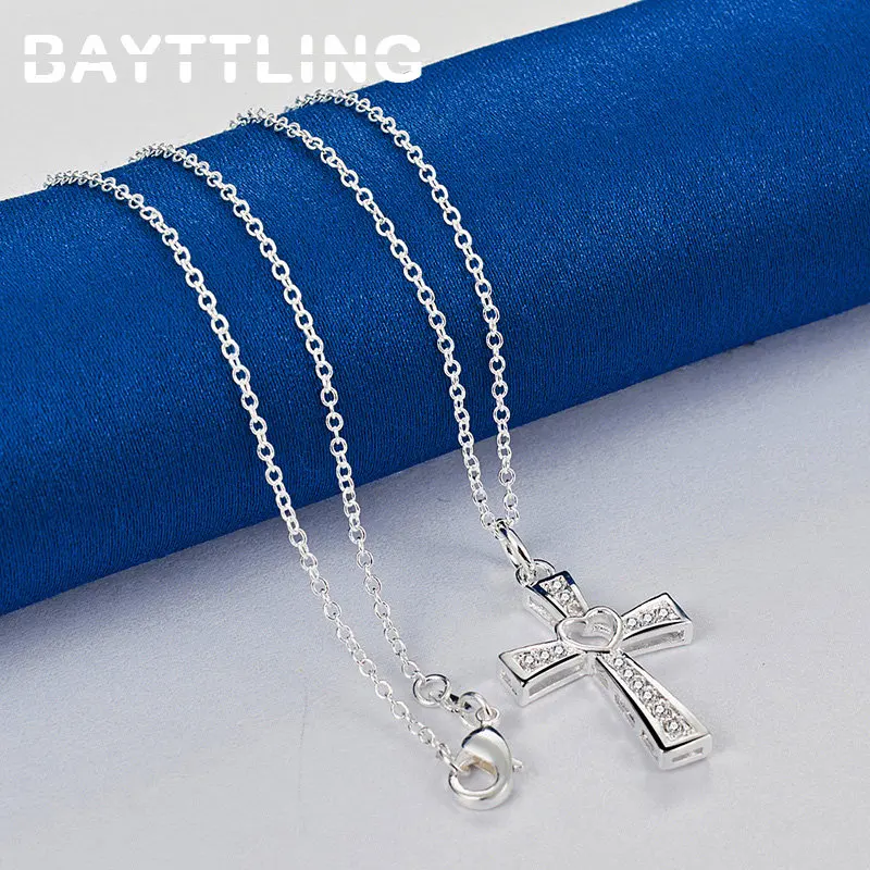 Charm 925 Sterling Silver 16-30 Inches Fine Heart Zircon Cross Necklace For Women Men Fashion Wedding Gifts Party Jewelry