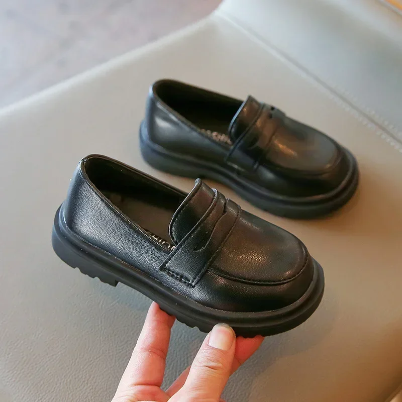 New Spring Autumn PU Leather Shoes Boys Girls Britain Style Black Brown Performance Shoes Children Slip-on Casual Loafers