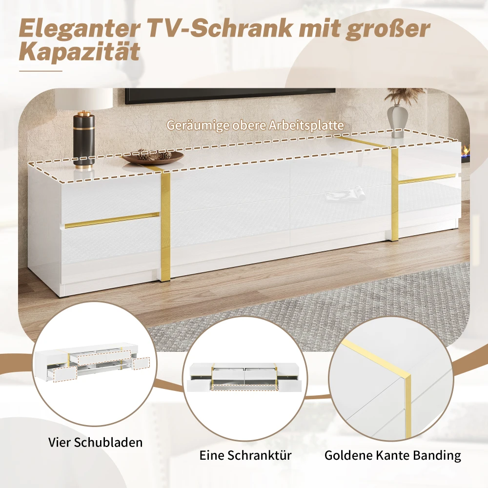 Moderner Luxus-TV-Ständer, Hochglanz-TV-Schrank, Goldene Kanten, mit Schubladen und Türen, Bietet Viel Stauraum für das Wohnzimmer – Detail 13