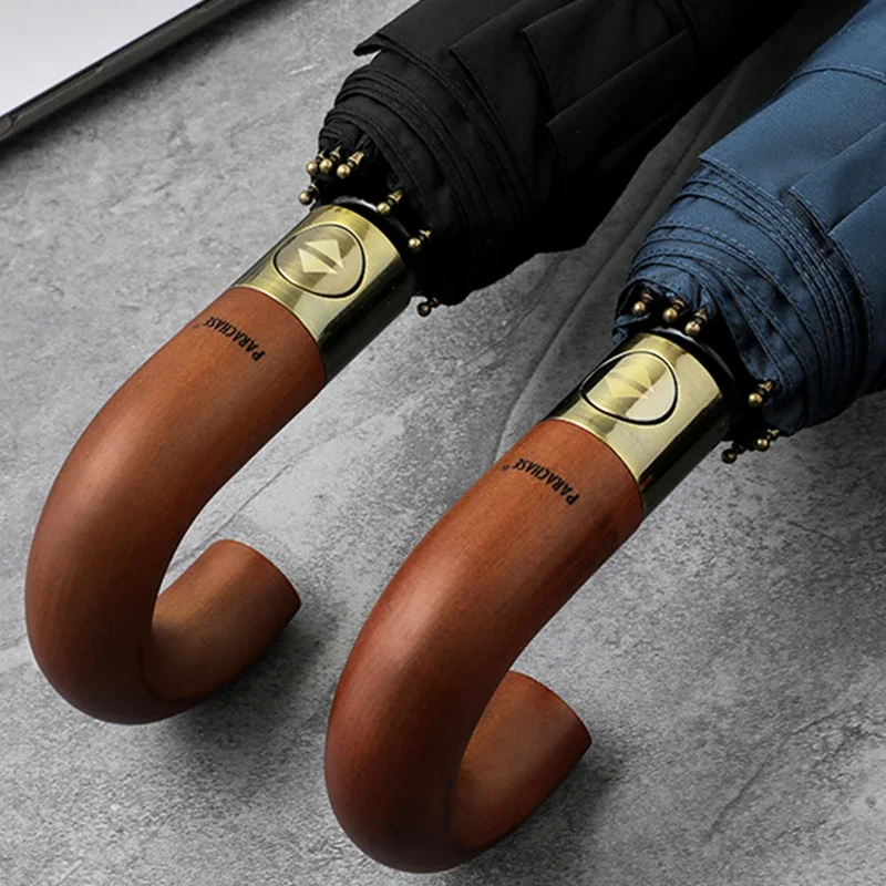 Folding Umbrella Luxury Wooden Umbrella Windproof 10 Ribs Parachase Fully Automatic Umbrella Men Folding Big Golf