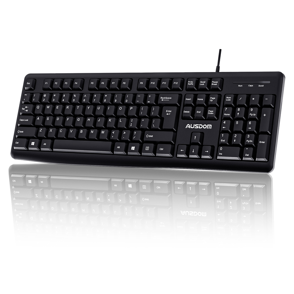 AUSDOM Y2 Wired USB Keyboard With Number Pad,Spill-Resistant,Adjustable Tilt, Ergonomic Full Size Office Keyboard For PC Mac