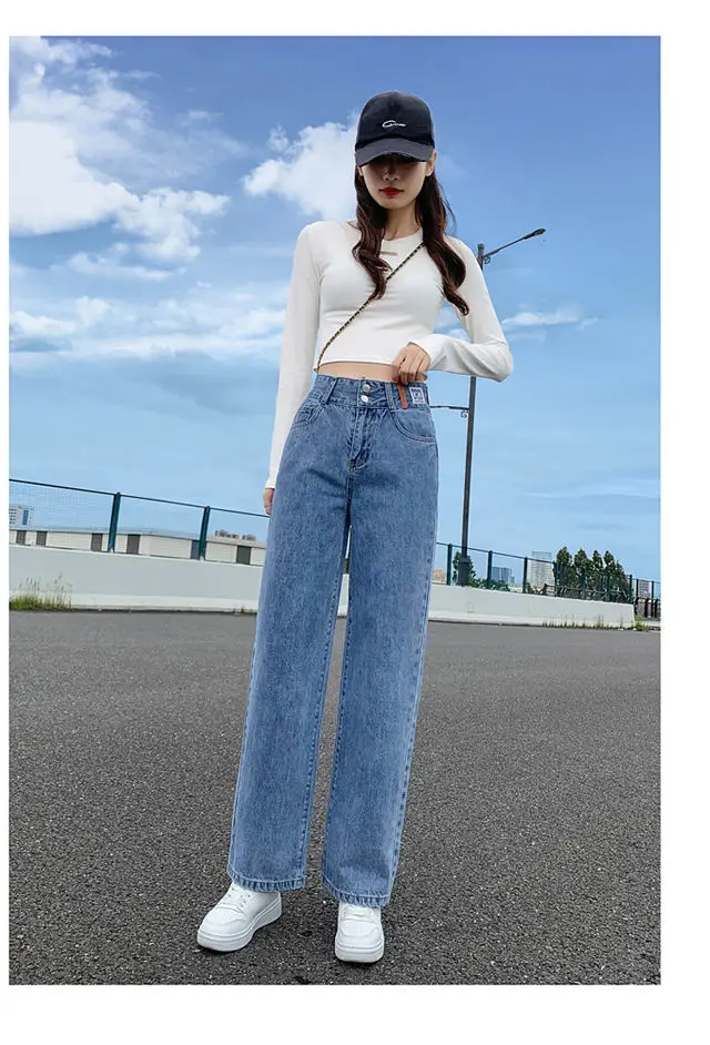 Casual Wide Leg Jeans Woman High Waist Denim Pants Trousers Pockets Baggy Y2K Loose Cute Korean Streetwear Blue Straight Jeans denim shorts