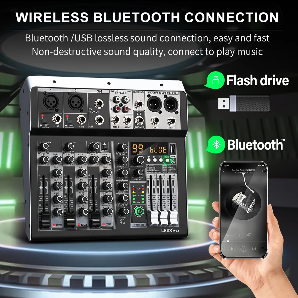 LEUS MX4 Channel 99 DSP Effect Audio Mixer Record PC 48V Phantom Power USB Sound Mixers Bluetooth DJ Console Mixing for Karaok audio mixer
