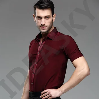 2016 summer adult Boys male red Latin dance tops uniforms modern adult male short sleeve shirt ballroom Latin Dance shirts